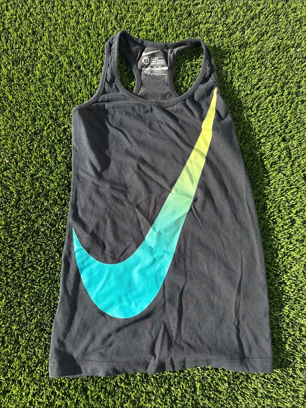 Nike Black Racerback Tank with Teal-to-Yellow Gradient Swoosh